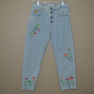 NWOT Sz 34 S 4 Mira Mikati Embroidered Floral LOVE Button Fly Ankle Jeans